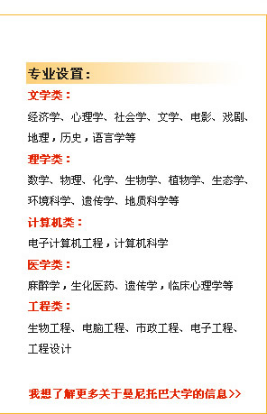 專業(yè)設(shè)置　文學(xué)類：
經(jīng)濟(jì)學(xué)、心理學(xué)、社會(huì)學(xué)、文學(xué)、電影、戲劇、地理，歷史，語言學(xué)等
理學(xué)類：
數(shù)學(xué)、物理、化學(xué)、生物學(xué)、植物學(xué)、生態(tài)學(xué)、環(huán)境科學(xué)、遺傳學(xué)、地質(zhì)科學(xué)等
計(jì)算機(jī)類：
電子計(jì)算機(jī)工程，計(jì)算機(jī)科學(xué)
醫(yī)學(xué)類：
麻醉學(xué)，生化醫(yī)藥、遺傳學(xué)，臨床心理學(xué)等
工程類：
　生物工程、電腦工程、市政工程、電子工程、工程設(shè)計(jì)