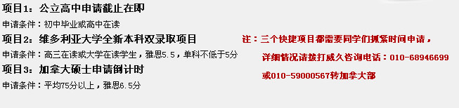 項目1：公立高中申請截止在即
申請條件：初中畢業(yè)或高中在讀
項目2：維多利亞大學(xué)全新本科雙錄取項目
申請條件：高三在讀或大學(xué)在讀學(xué)生，雅思5.5，單科不低于5分
項目3：加拿大碩士申請倒計時
申請條件：平均75分以上，雅思6.5分
注：三個快捷項目都需要同學(xué)們抓緊時間申請，
    詳細(xì)情況請撥打威久咨詢電話：010-68946699
    或400-164-6699轉(zhuǎn)加拿大部